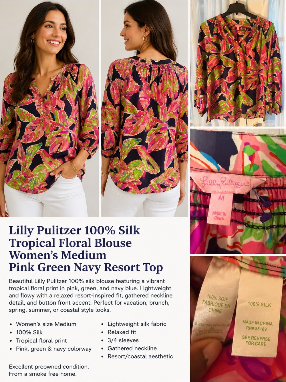 Lilly Pulitzer Silk Tropical Floral Relaxed Fit Blouse Women’s Medium Resort